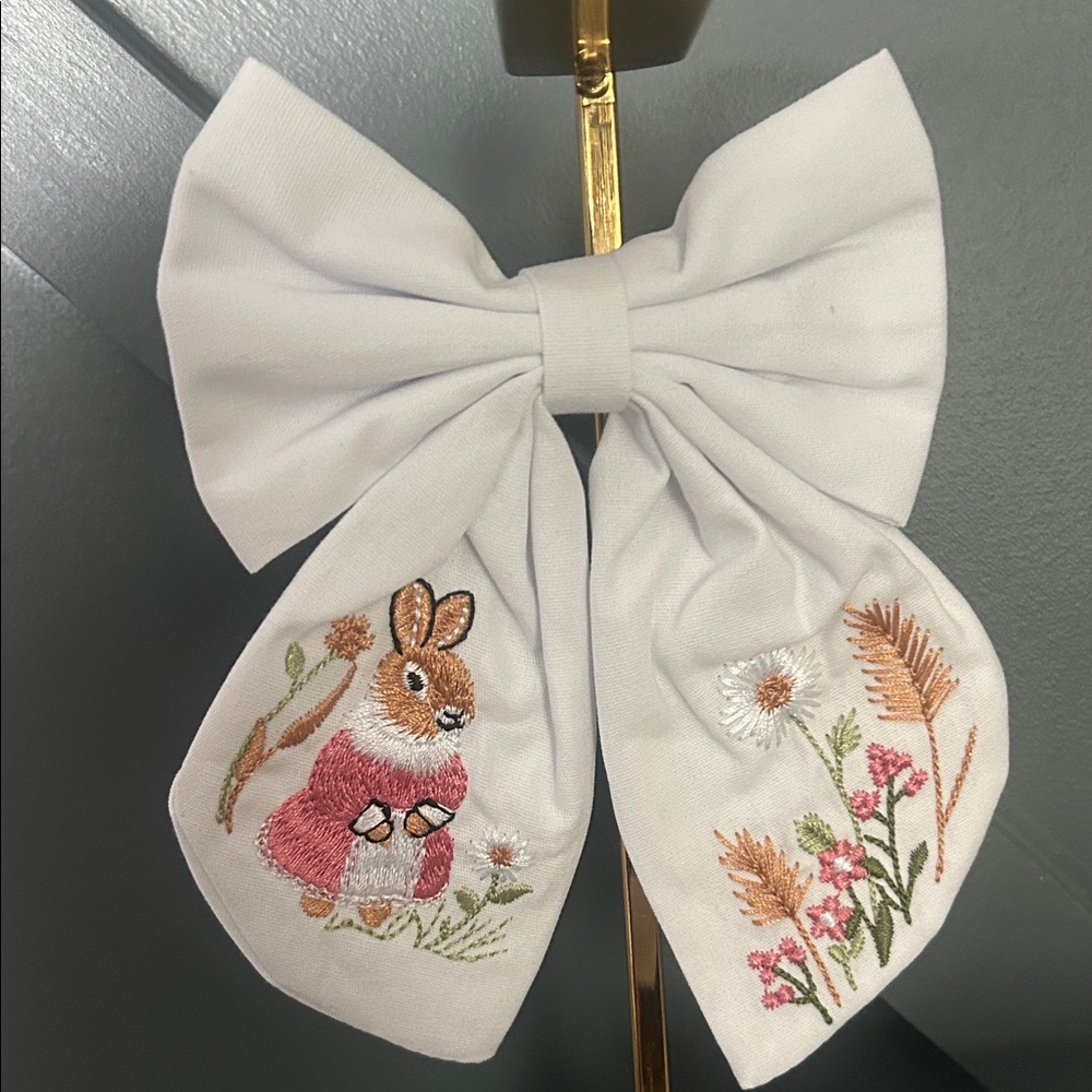 White Embroidered Bunny Bow for Kids